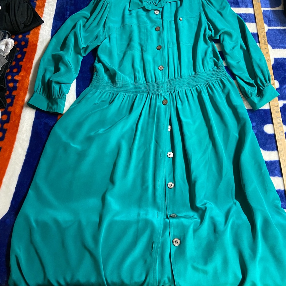 Vintage 100% silk Teal Button-Up Dress